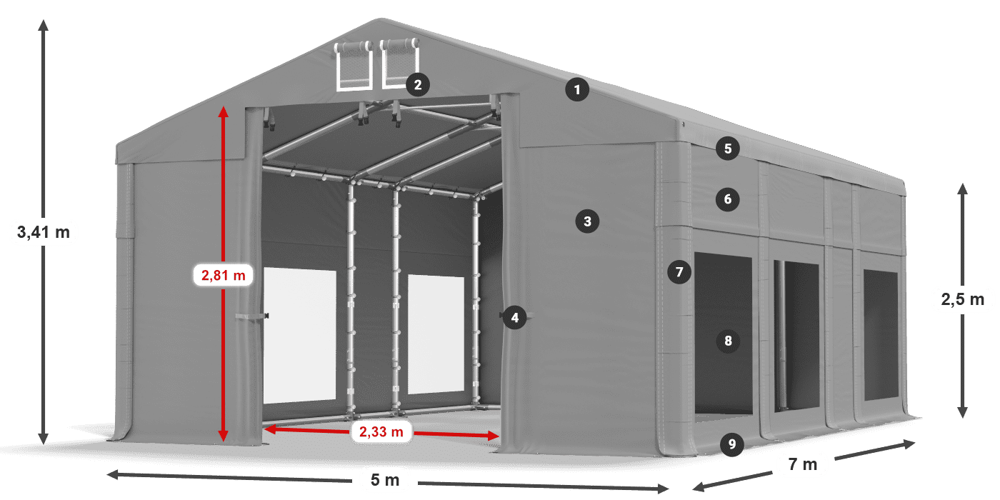 Střecha: MS 580 PVC Stěny: MS 580 PVC 2,5 m legenda