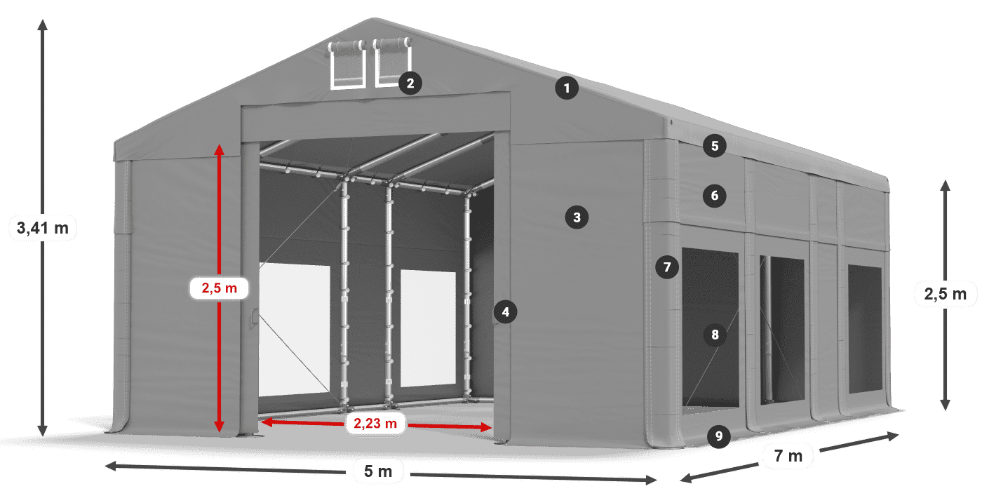 Střecha: MS 580 PVC Stěny: MS 580 PVC 2,5 m legenda