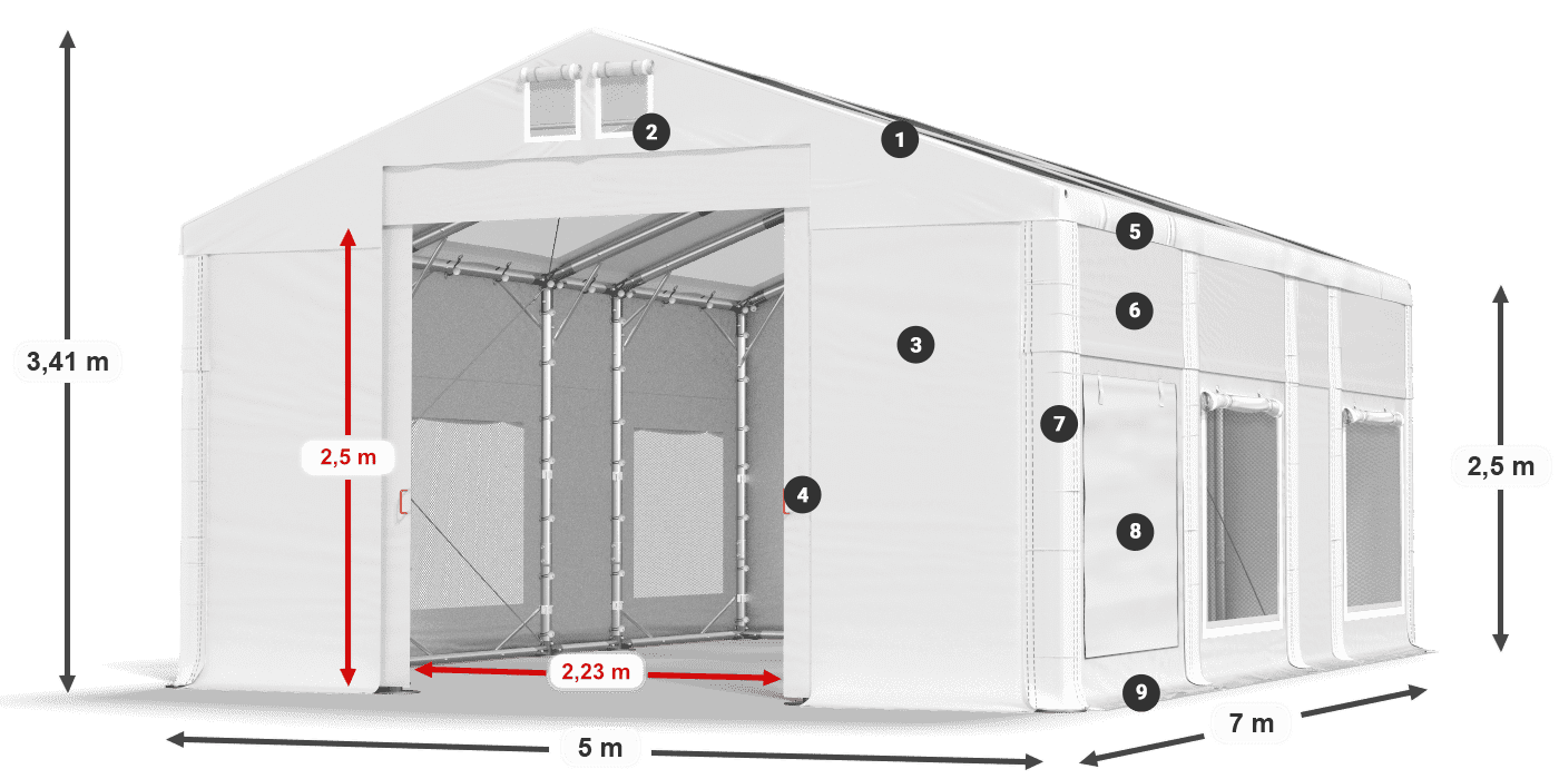 Střecha: MS T 580 PVC Stěny: SD M 500 PVC 2,5 m legenda