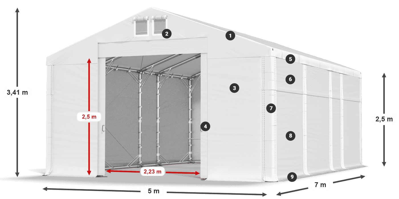 Střecha: MS 580 PVC Stěny: SD 500 PVC 2,5 m legenda
