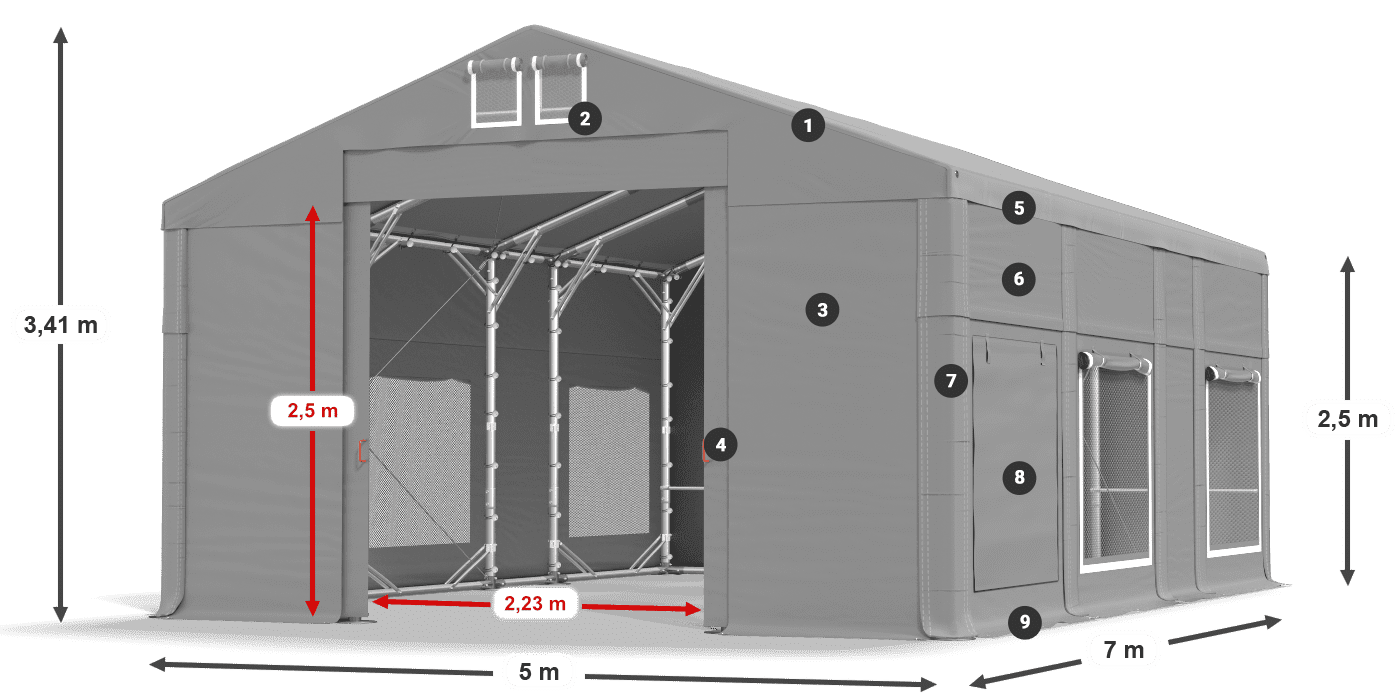 Střecha: MS 580 PVC Stěny: SD M 500 PVC 2,5 m legenda