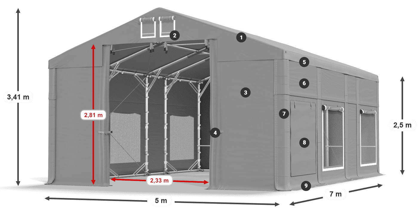 Střecha: MS 580 PVC Stěny: SD M 500 PVC 2,5 m legenda