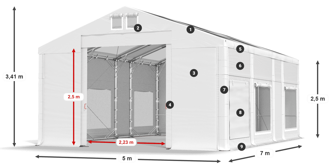 Střecha: MS T 580 PVC Stěny: SD M 500 PVC 2,5 m legenda