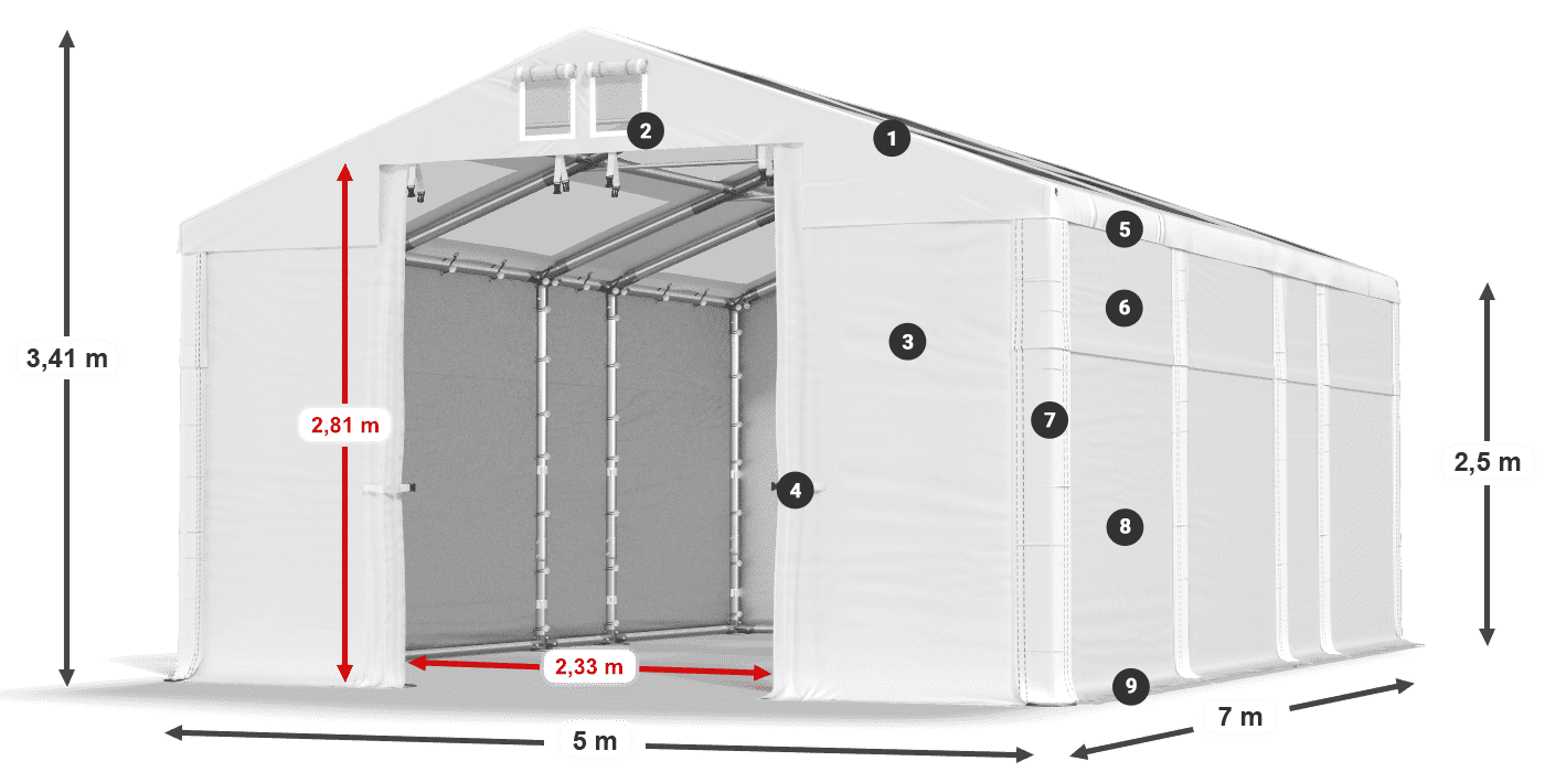 Střecha: MS T 580 PVC Stěny: SD 500 PVC 2,5 m legenda