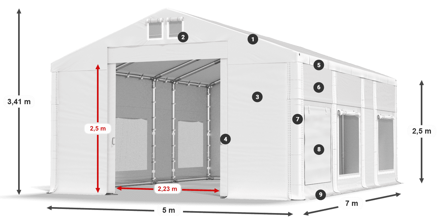 Střecha: MS 580 PVC Stěny: SD M 500 PVC 2,5 m legenda