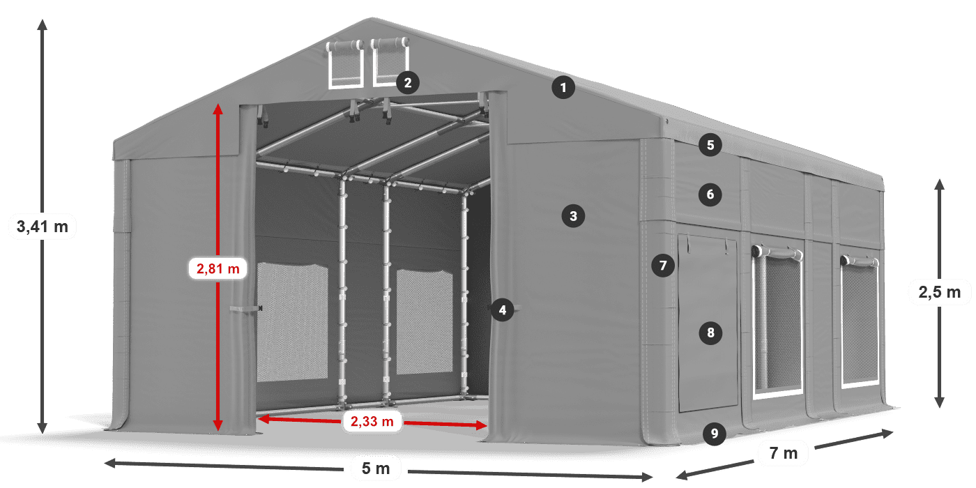 Střecha: MS 580 PVC Stěny: SD M 500 PVC 2,5 m legenda