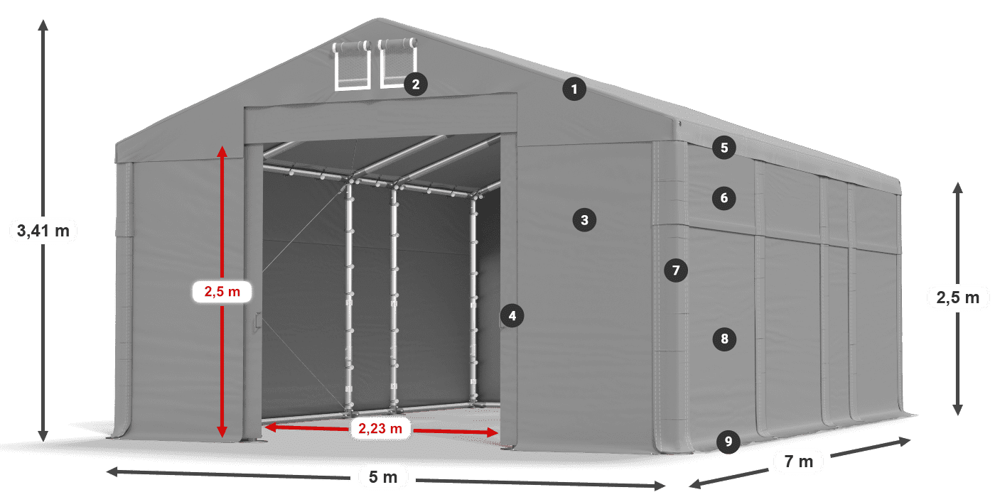 Střecha: MS 580 PVC Stěny: SD 500 PVC 2,5 m legenda
