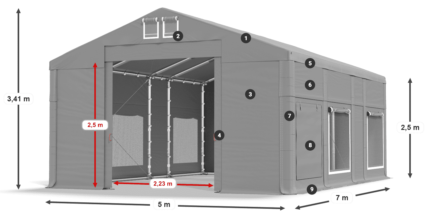 Střecha: MS 580 PVC Stěny: SD M 500 PVC 2,5 m legenda