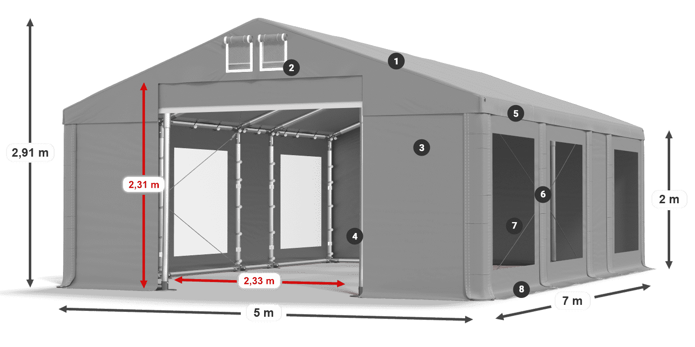 Střecha: FR 620 PVC Stěny: MS 580 PVC 2m legenda