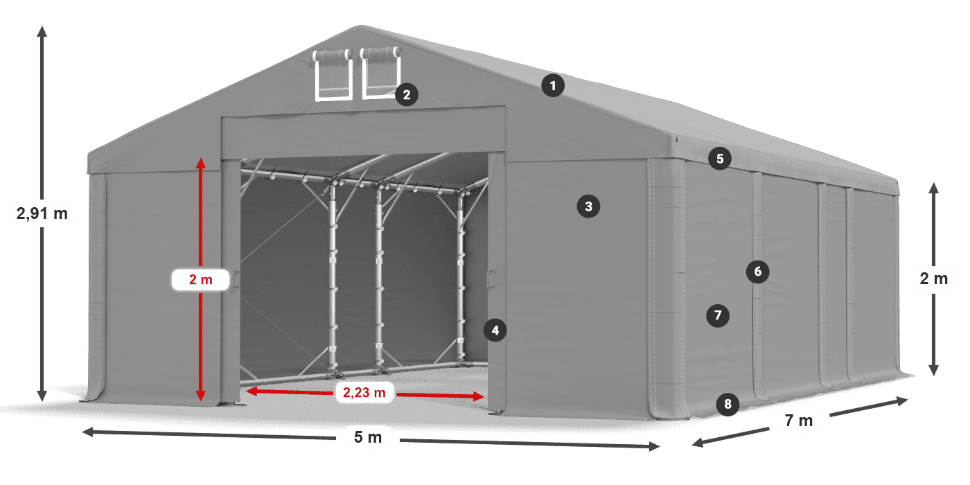 Střecha: FR 620 PVC Stěny: SD 500 PVC 2m legenda