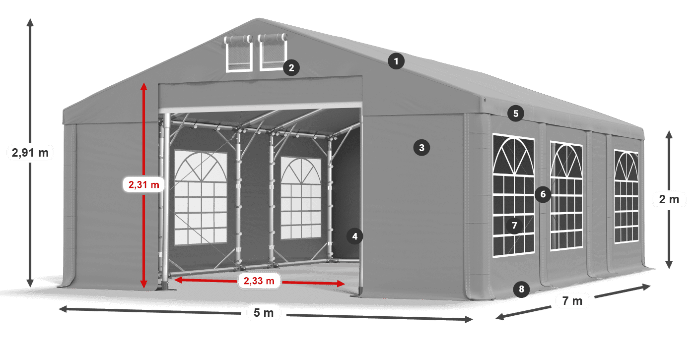 Střecha: FR 620 PVC Stěny: SD 500 PVC 2m legenda