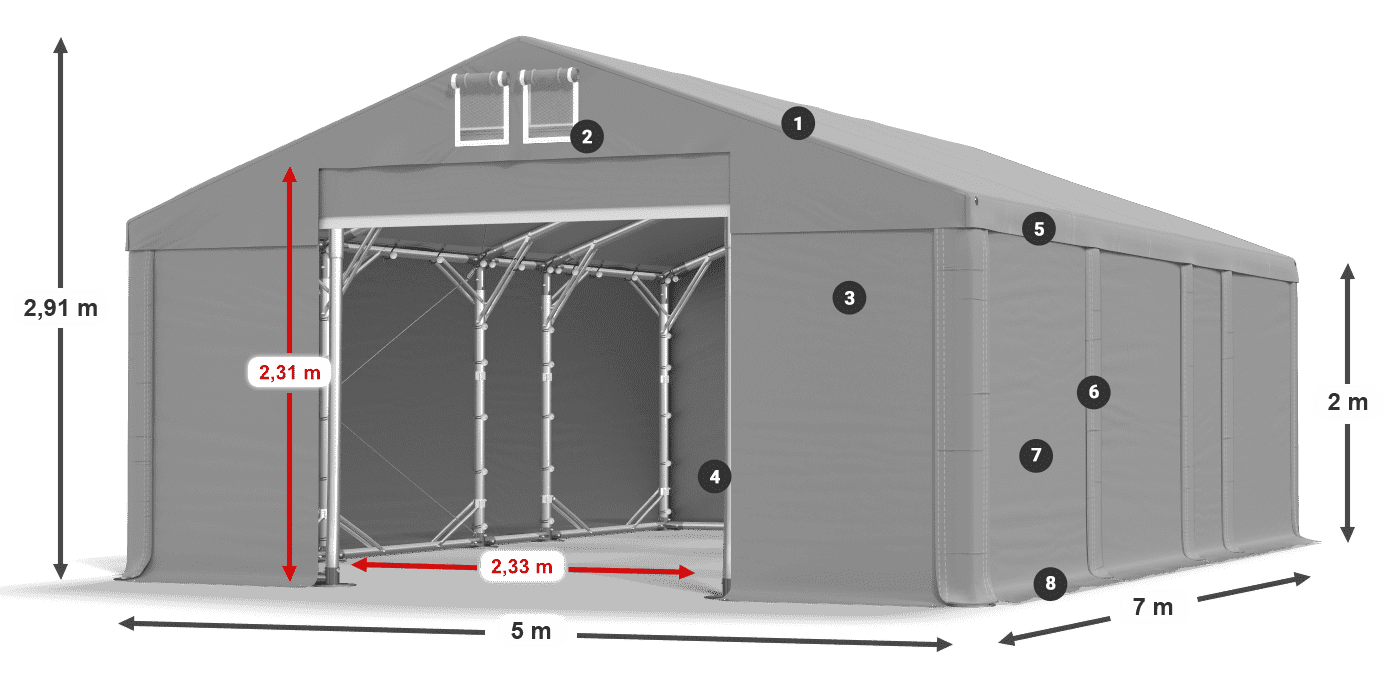 Střecha: FR 620 PVC Stěny: SD 500 PVC 2m legenda