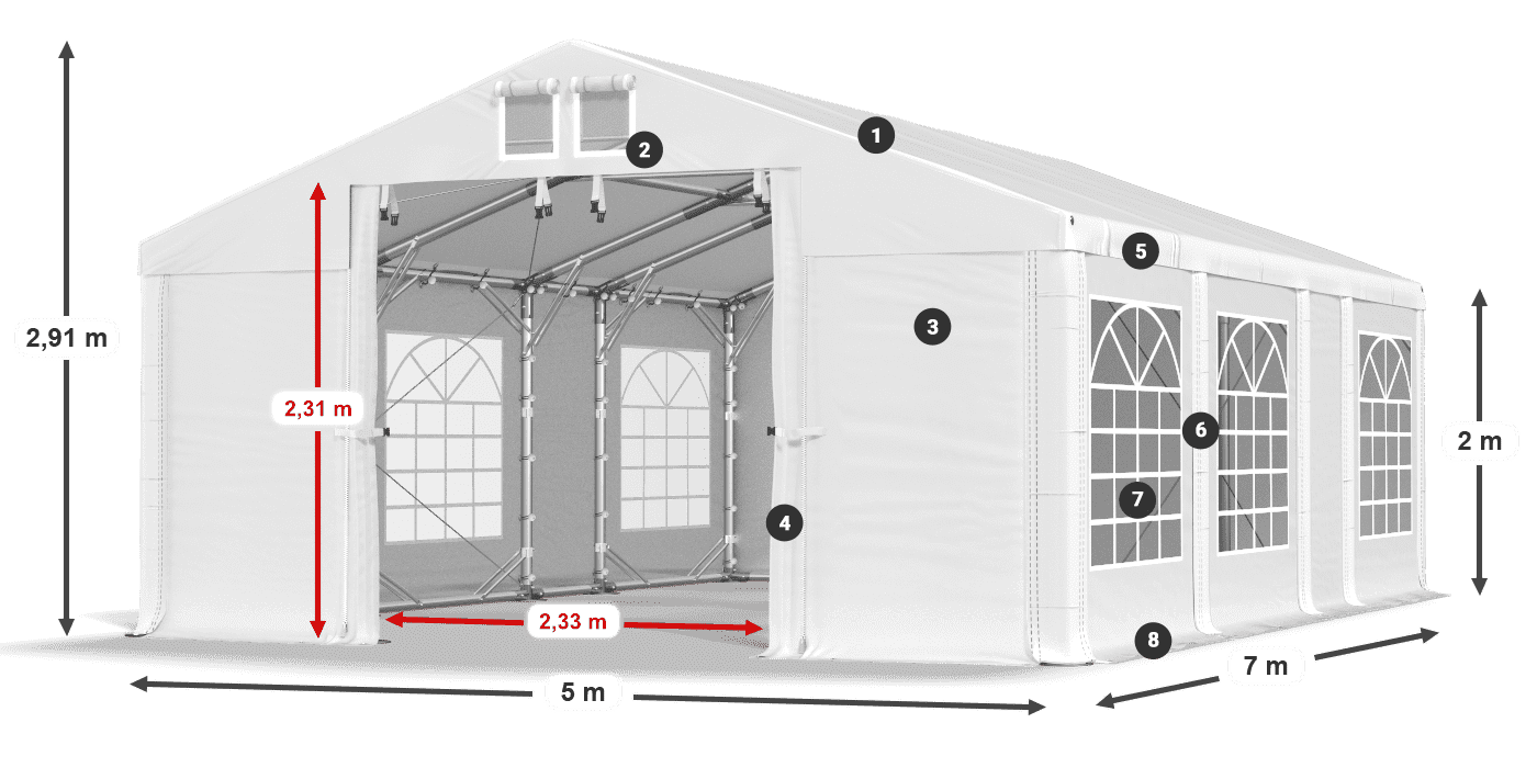 Střecha: FR 620 PVC Stěny: SD 500 PVC 2m legenda