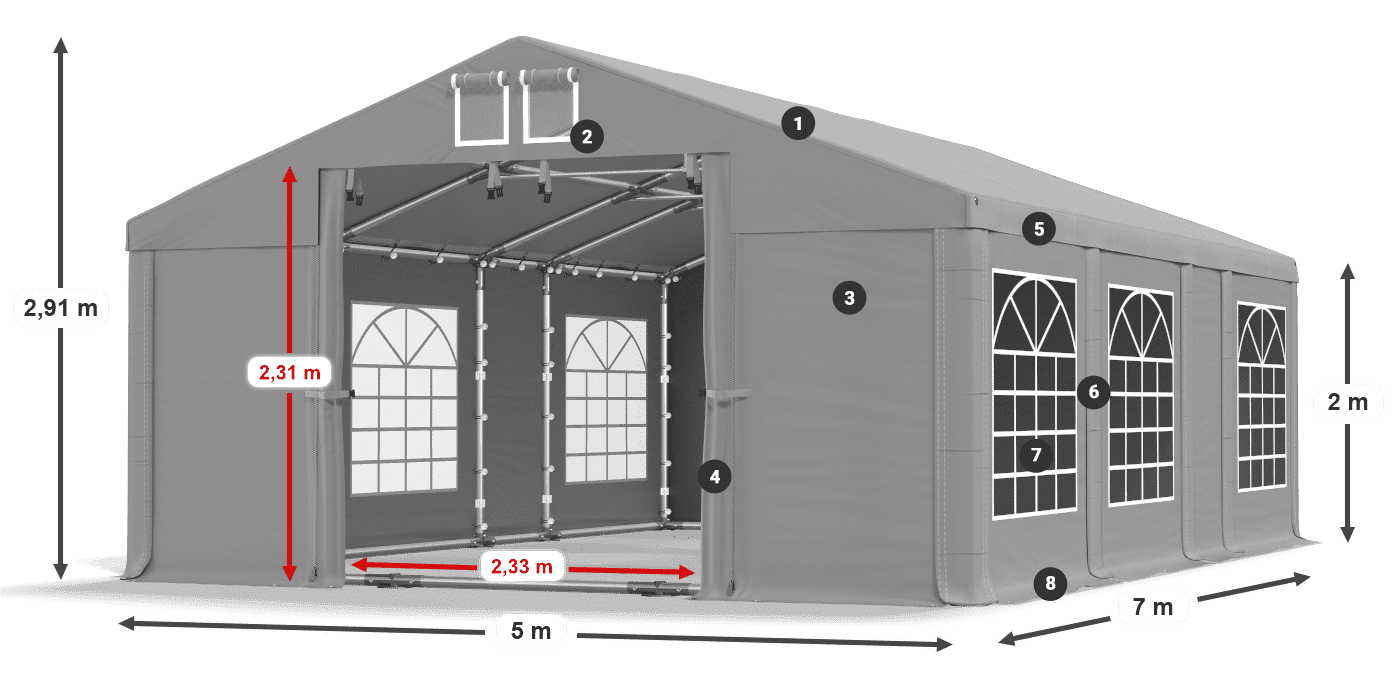 Střecha: FR 620 PVC Stěny: SD 500 PVC 2m legenda