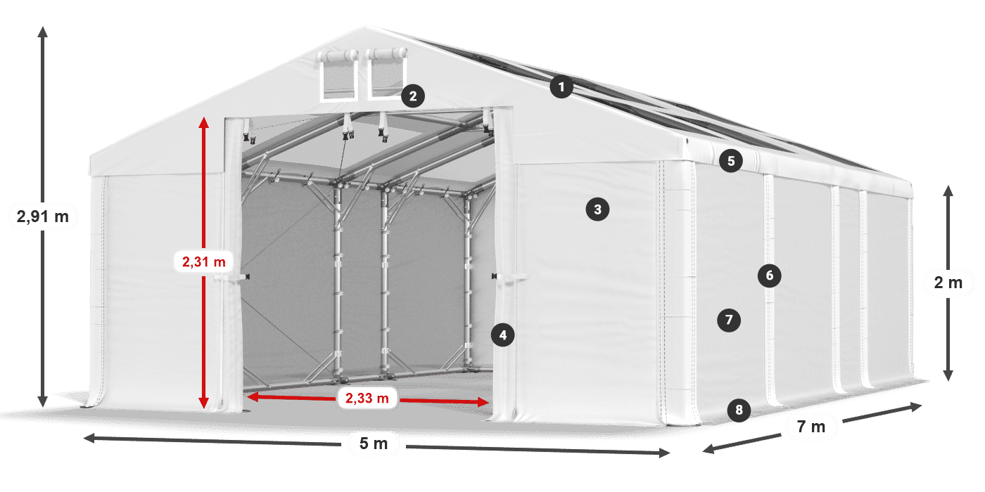 Střecha: MS T 580 PVC Stěny: FR 620 PVC 2m legenda