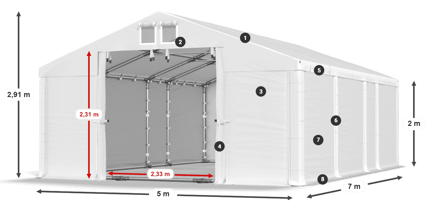 Střecha: MS 580 PVC Stěny: FR M 620 PVC 2m legenda