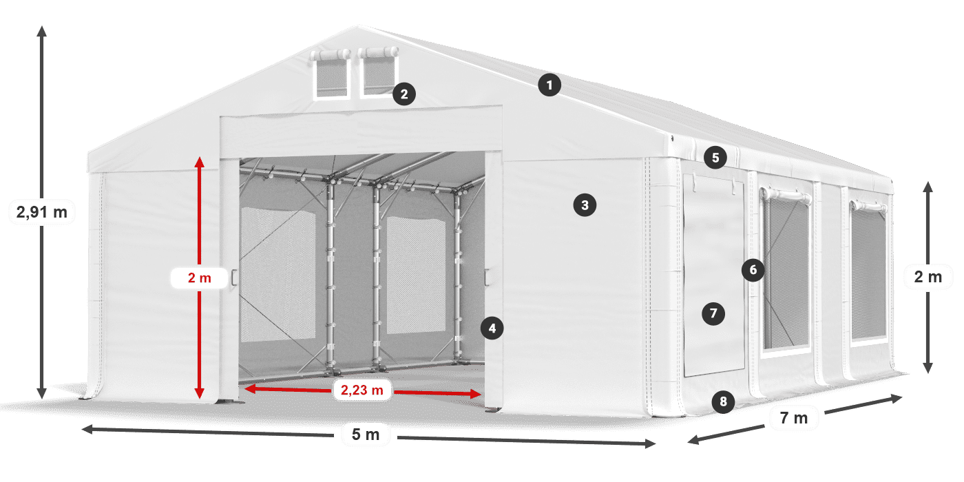 Střecha: MS 580 PVC Stěny: SD M 500 PVC 2m legenda