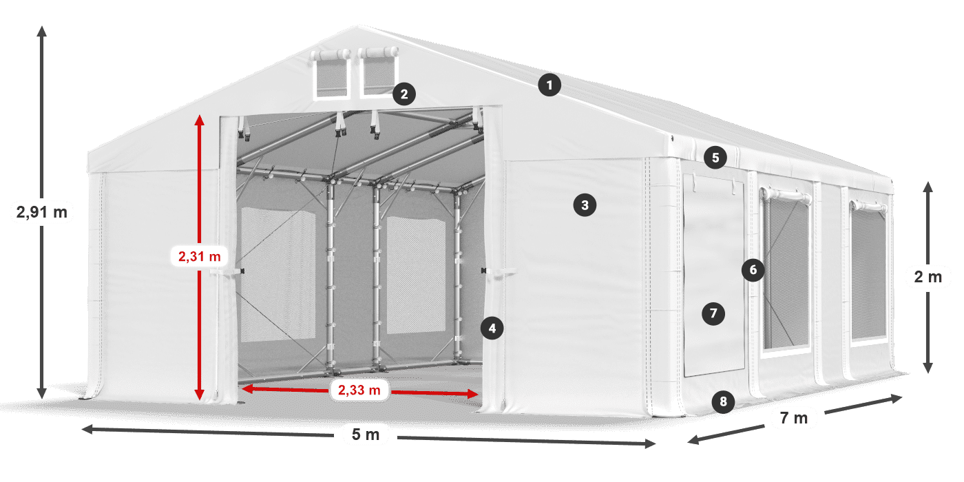 Střecha: MS 580 PVC Stěny: SD M 500 PVC 2m legenda