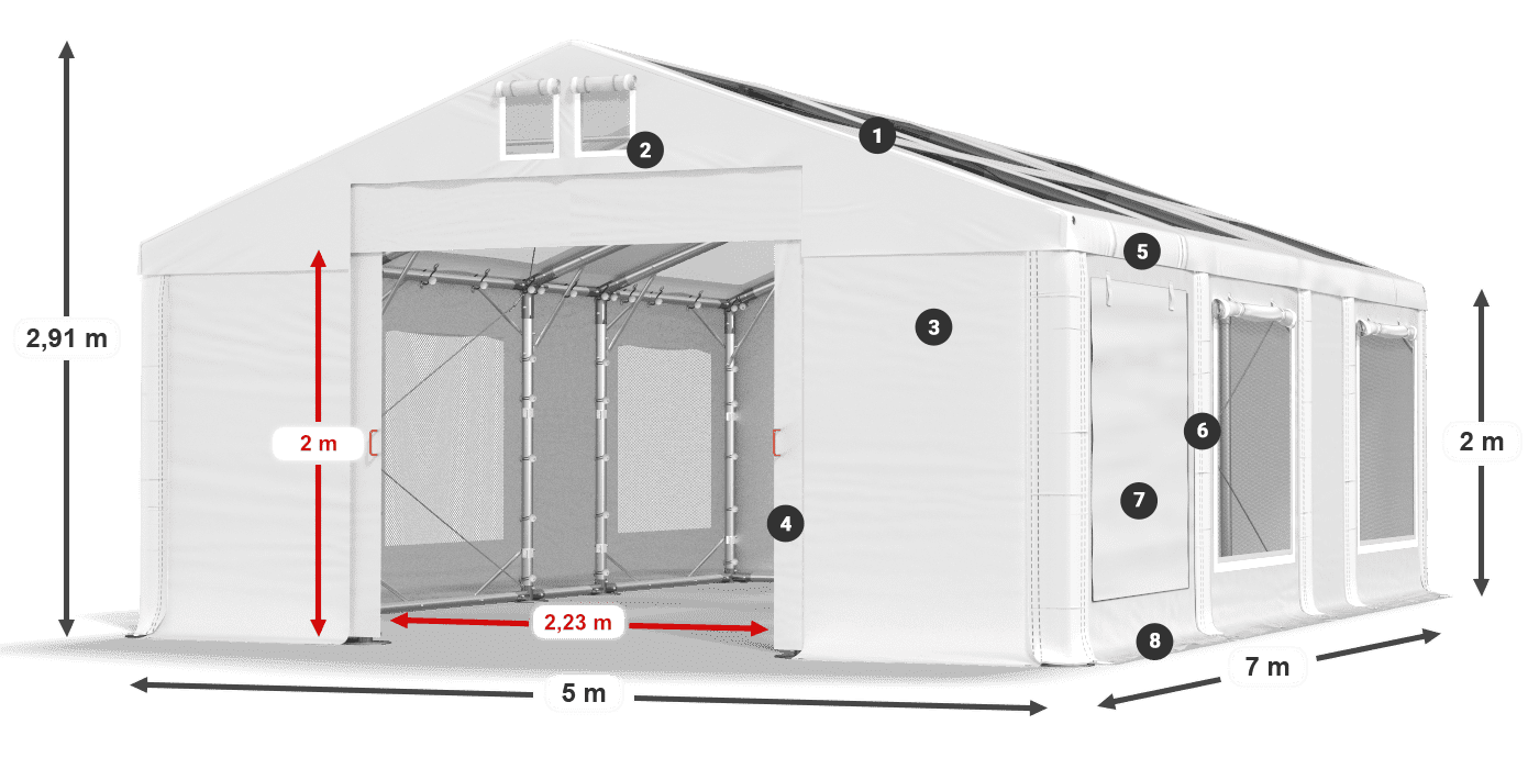 Střecha: MS T 580 PVC Stěny: SDM 500 PVC 2m legenda