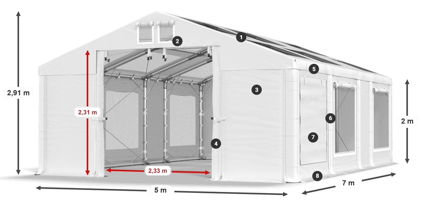Střecha: MS T 580 PVC Stěny: SDM 500 PVC 2m legenda