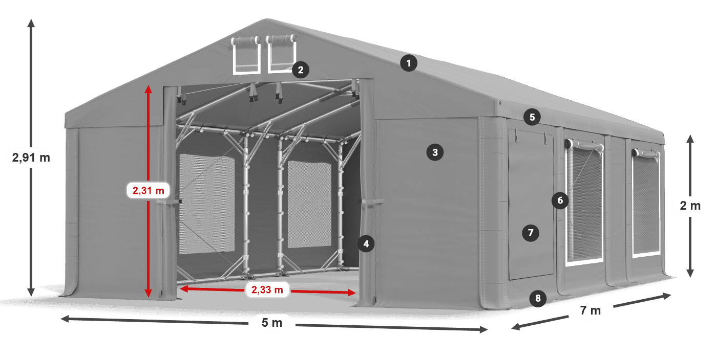 Střecha: MS 580 PVC Stěny: SD M 500 PVC 2m legenda