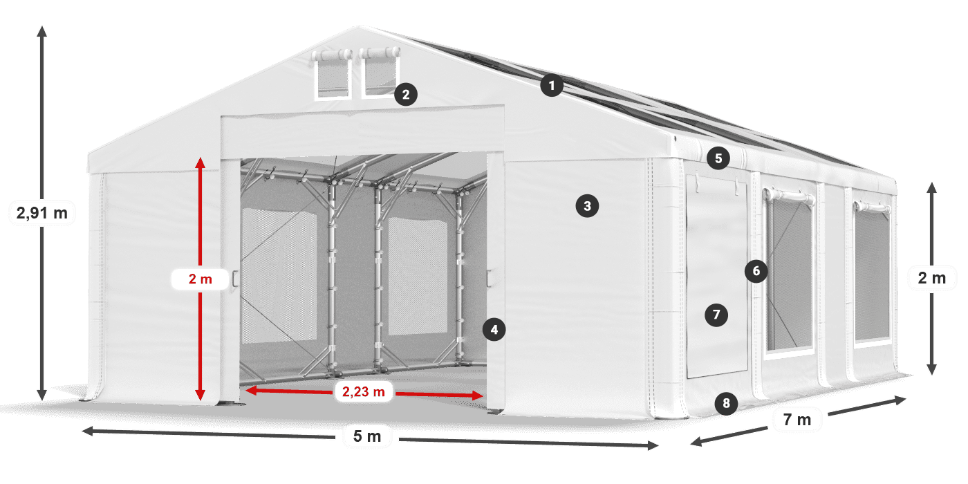 Střecha: MS T 580 PVC Stěny: SDM 500 PVC 2m legenda
