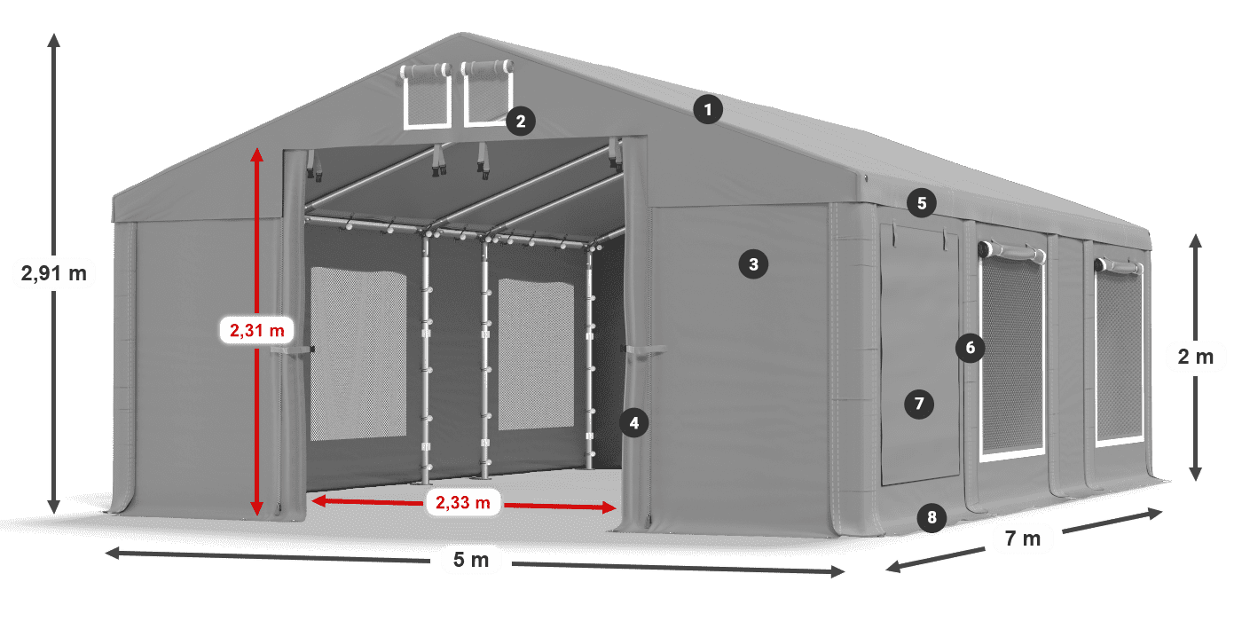 Střecha: MS 580 PVC Stěny: SD M 500 PVC 2m legenda
