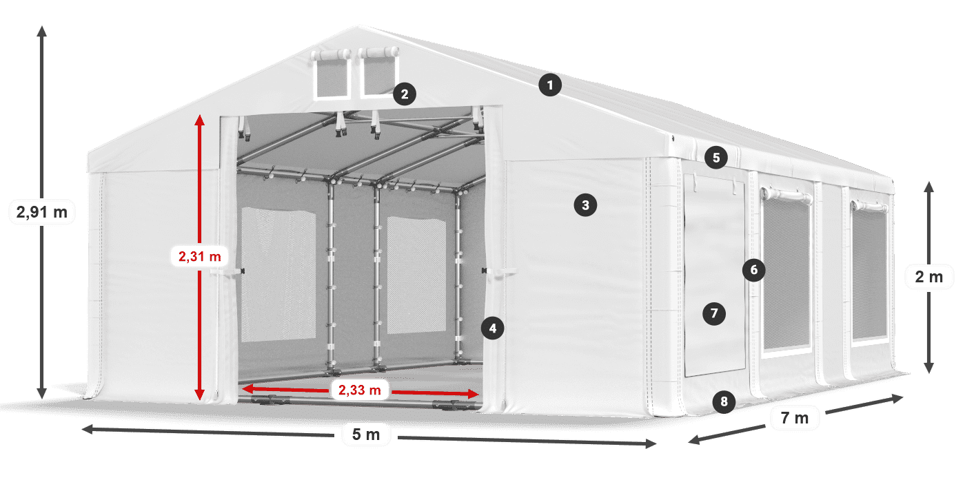 Střecha: MS 580 PVC Stěny: SD M 500 PVC 2m legenda