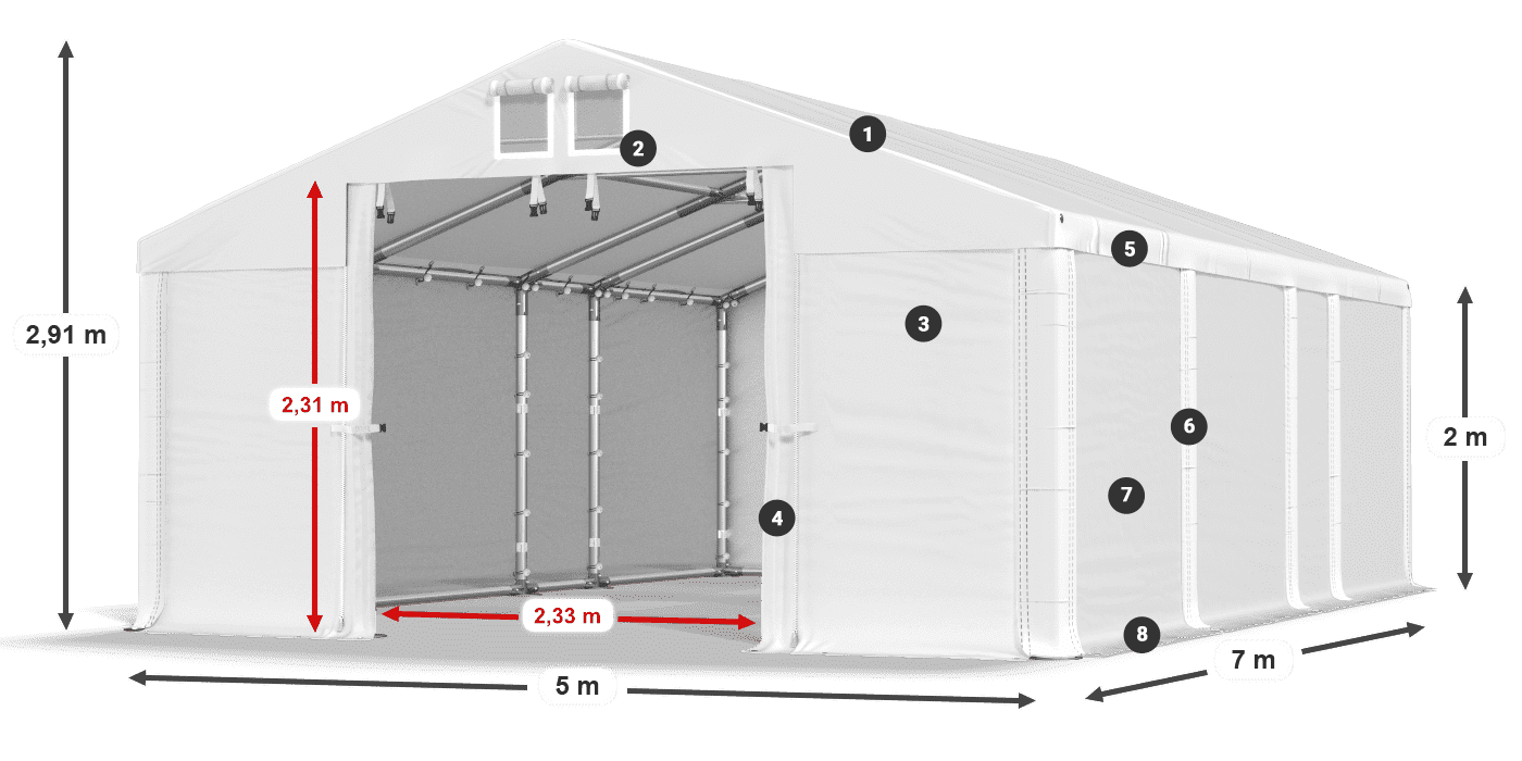 Střecha: MS 580 PVC Stěny: SD 500 PVC 2m legenda