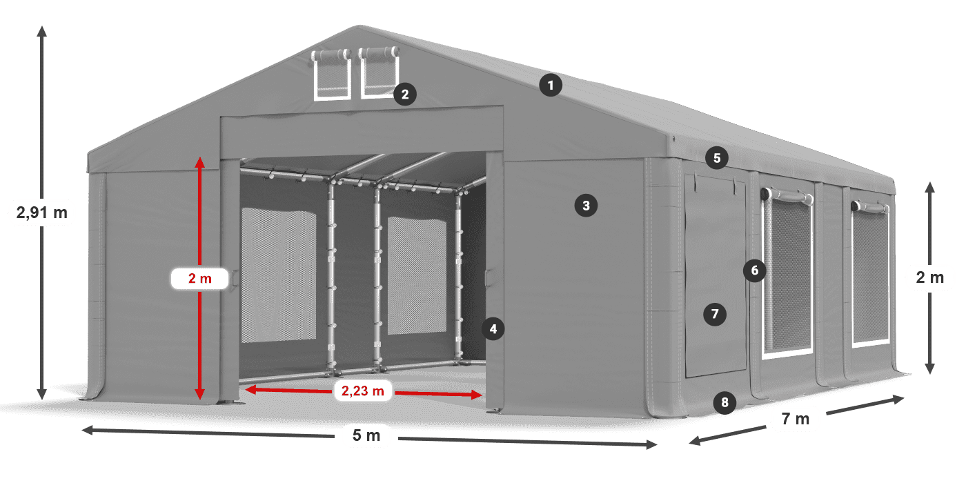Střecha: MS 580 PVC Stěny: SD M 500 PVC 2m legenda