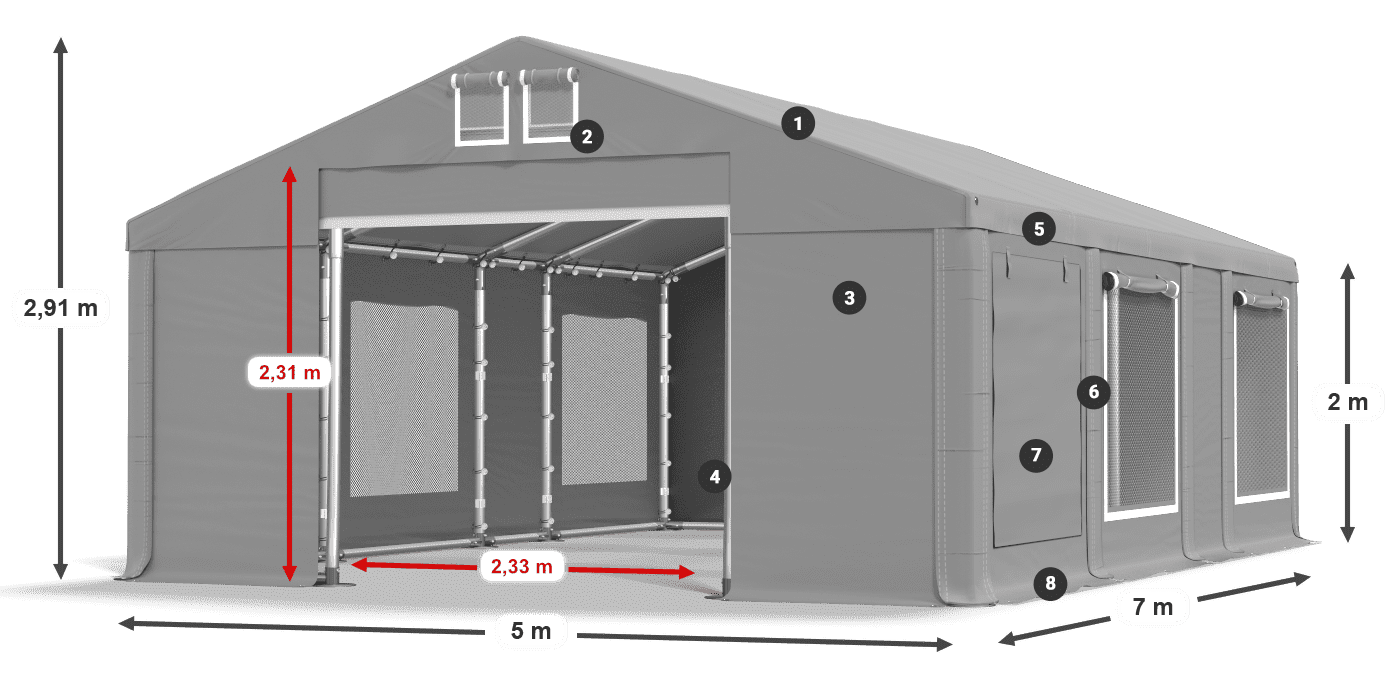 Střecha: MS 580 PVC Stěny: SD M 500 PVC 2m legenda