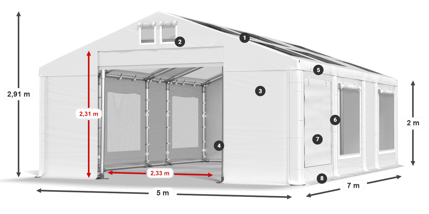 Střecha: MS T 580 PVC Stěny: SDM 500 PVC 2m legenda