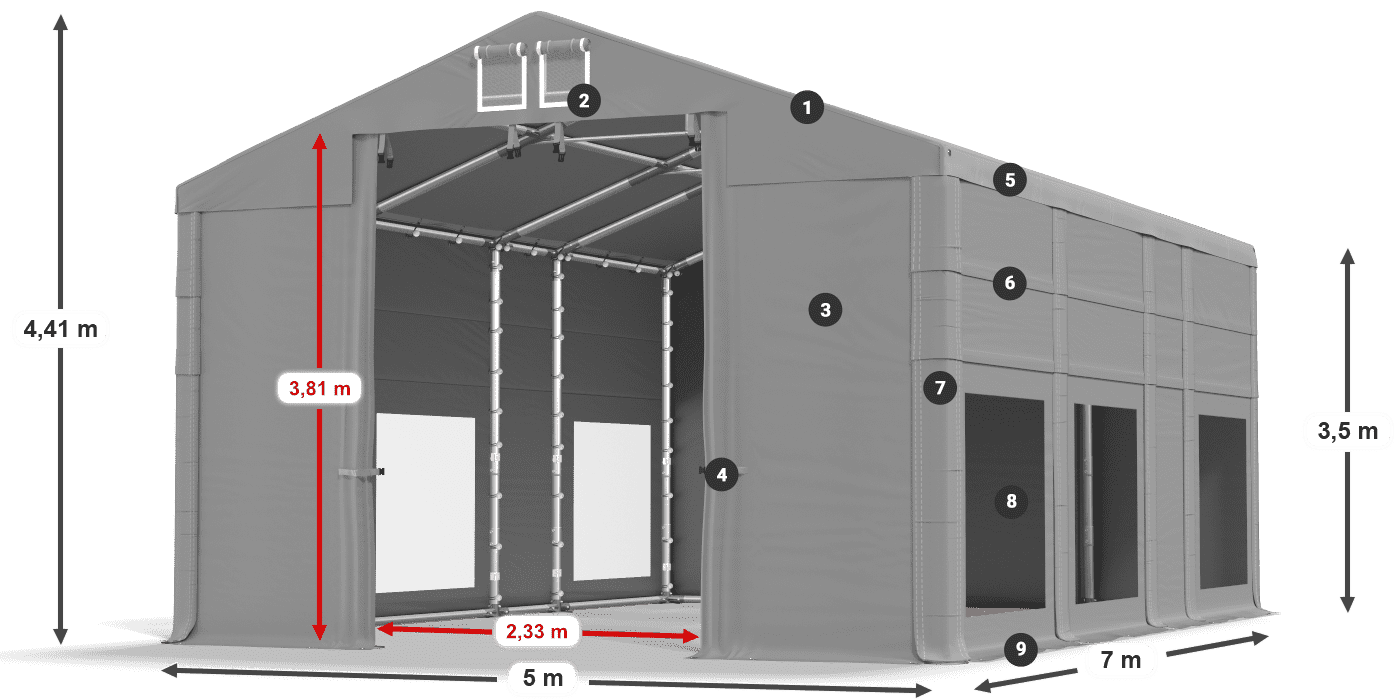 Střecha: FR 620 PVC Stěny: MS 580 PVC 3,5m legenda