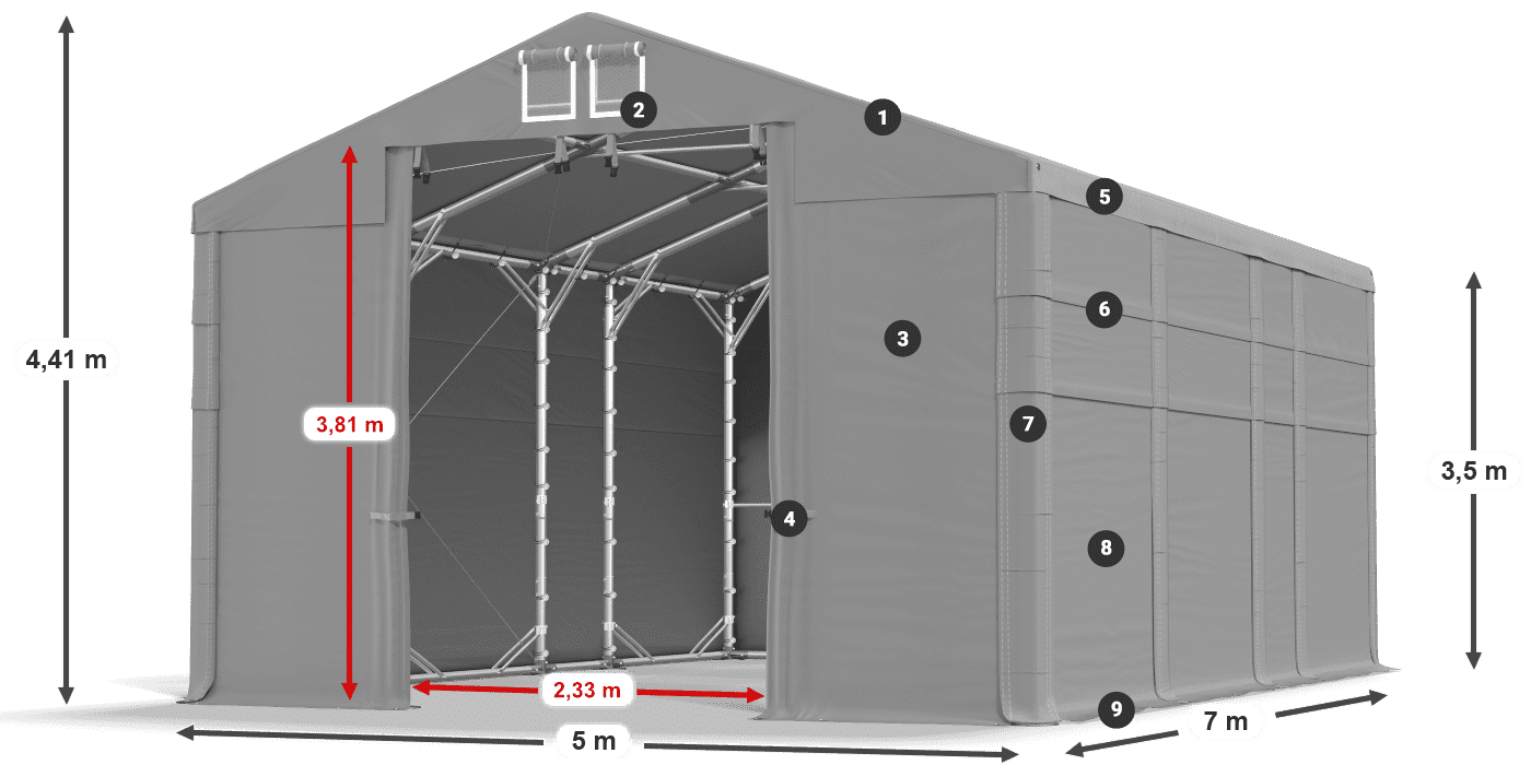 Střecha: MS 580 PVC Stěny: FR 620 PVC 2,5 m legenda