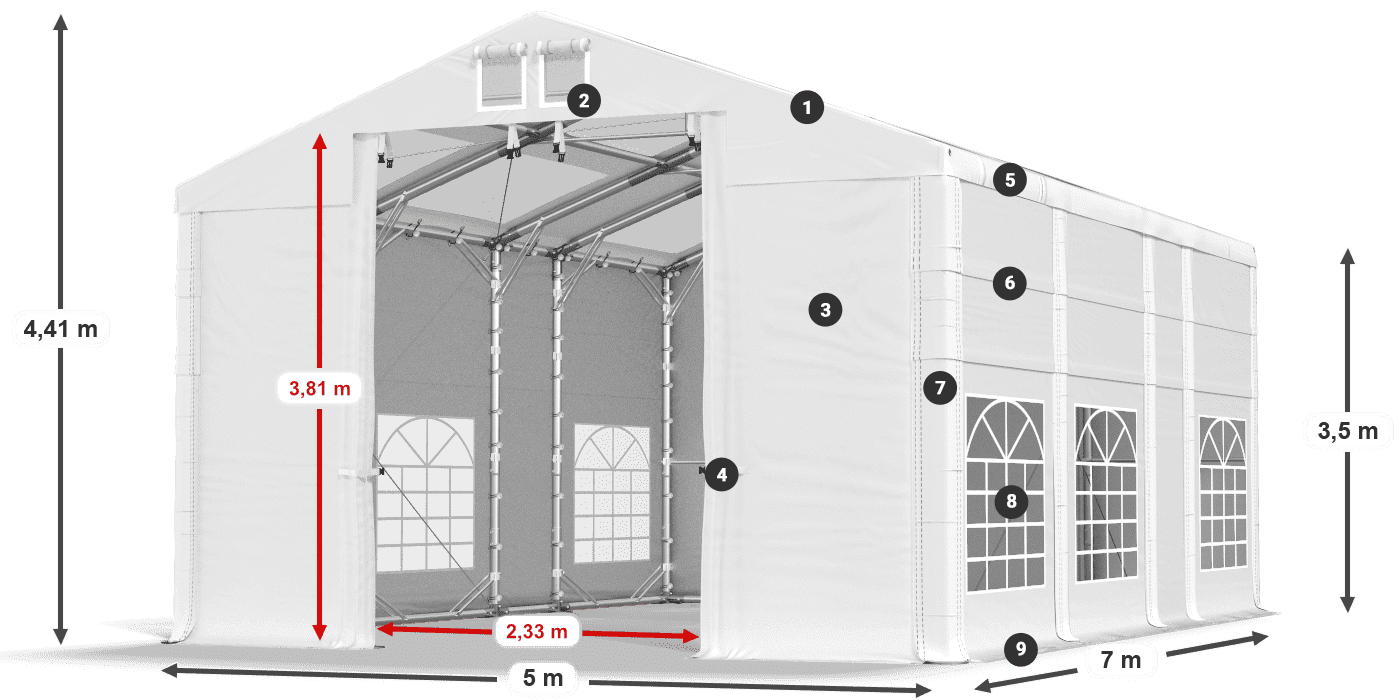 Střecha: MS T 580 PVC Stěny: FR 620 PVC 2,5 m legenda
