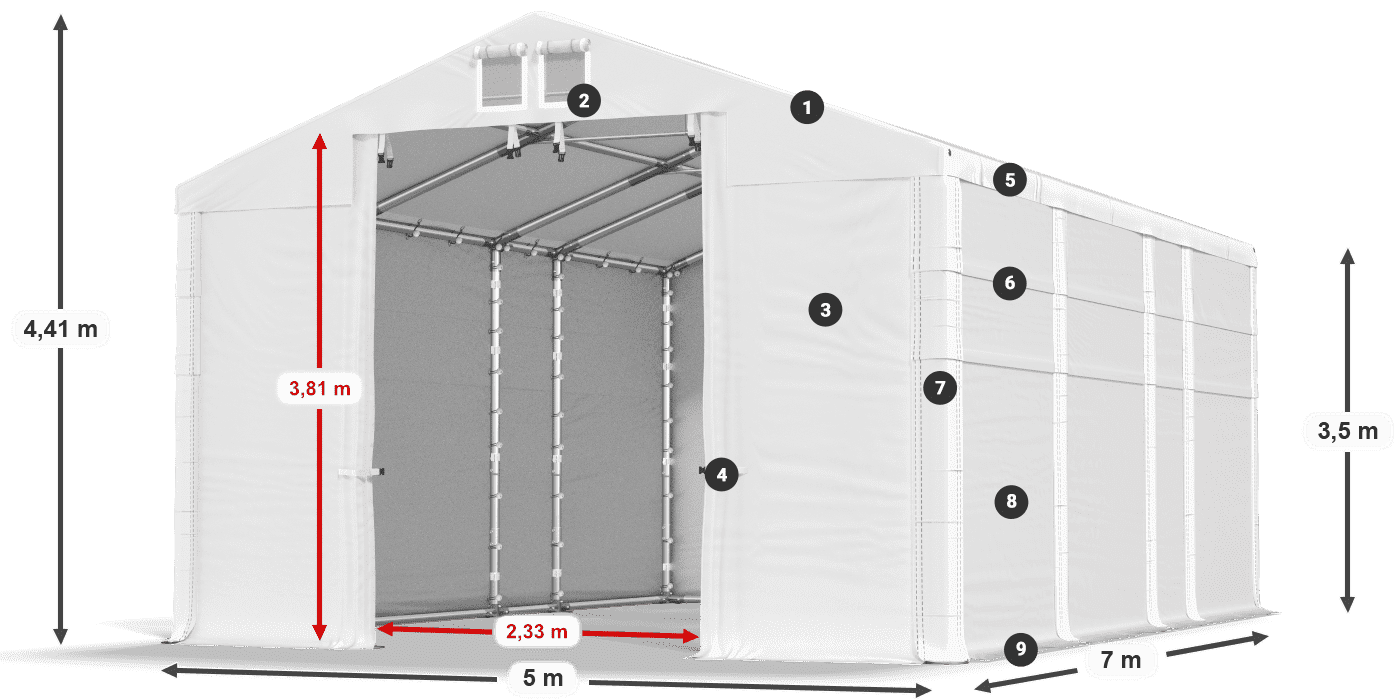 Střecha: MS 580 PVC Stěny: FR 620 PVC 2,5 m legenda