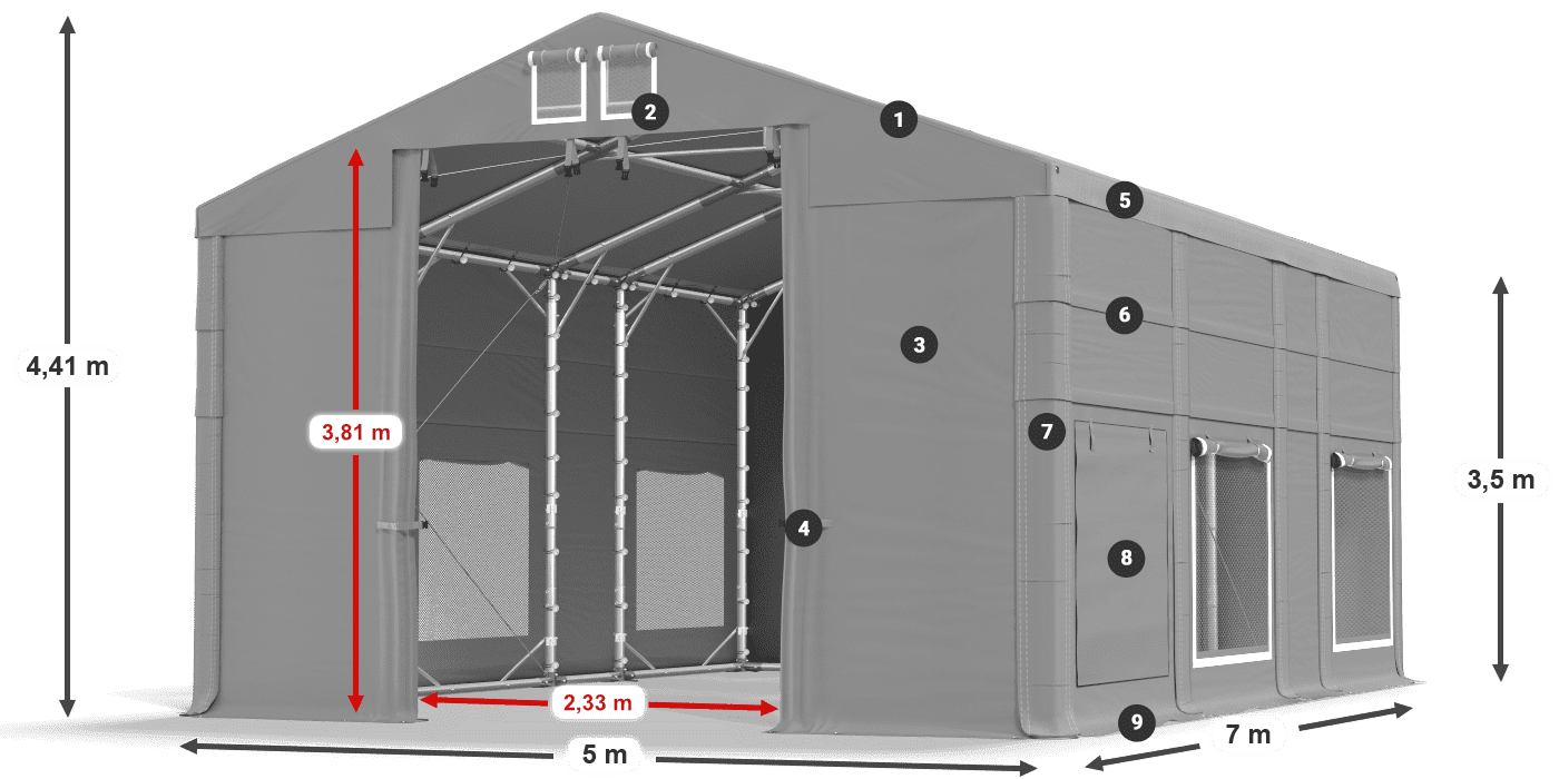 Střecha: MS 580 PVC Stěny: SD M 500 PVC 3,5m legenda