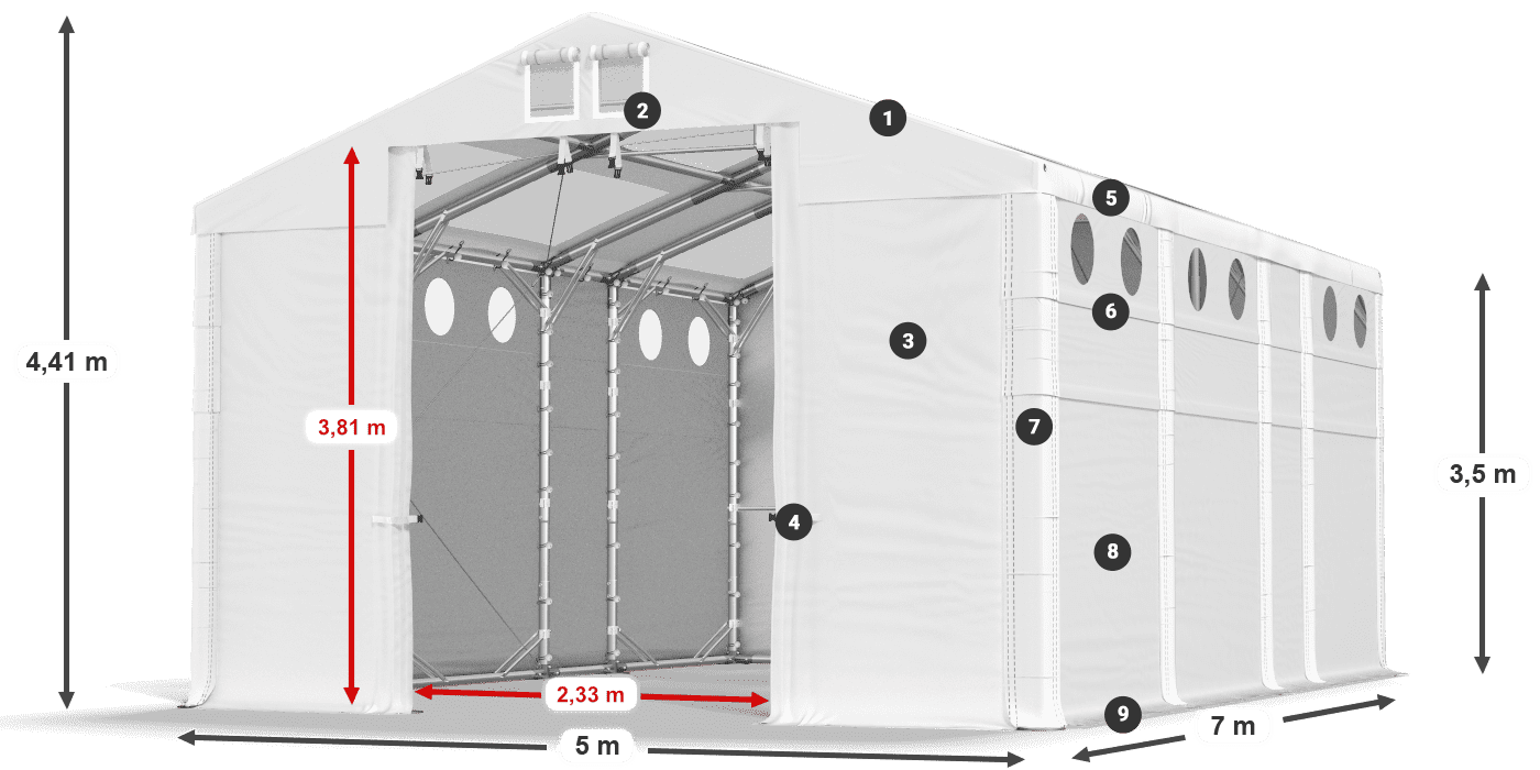 Střecha: MS T 580 PVC Stěny: SD O 500 PVC 3,5m legenda