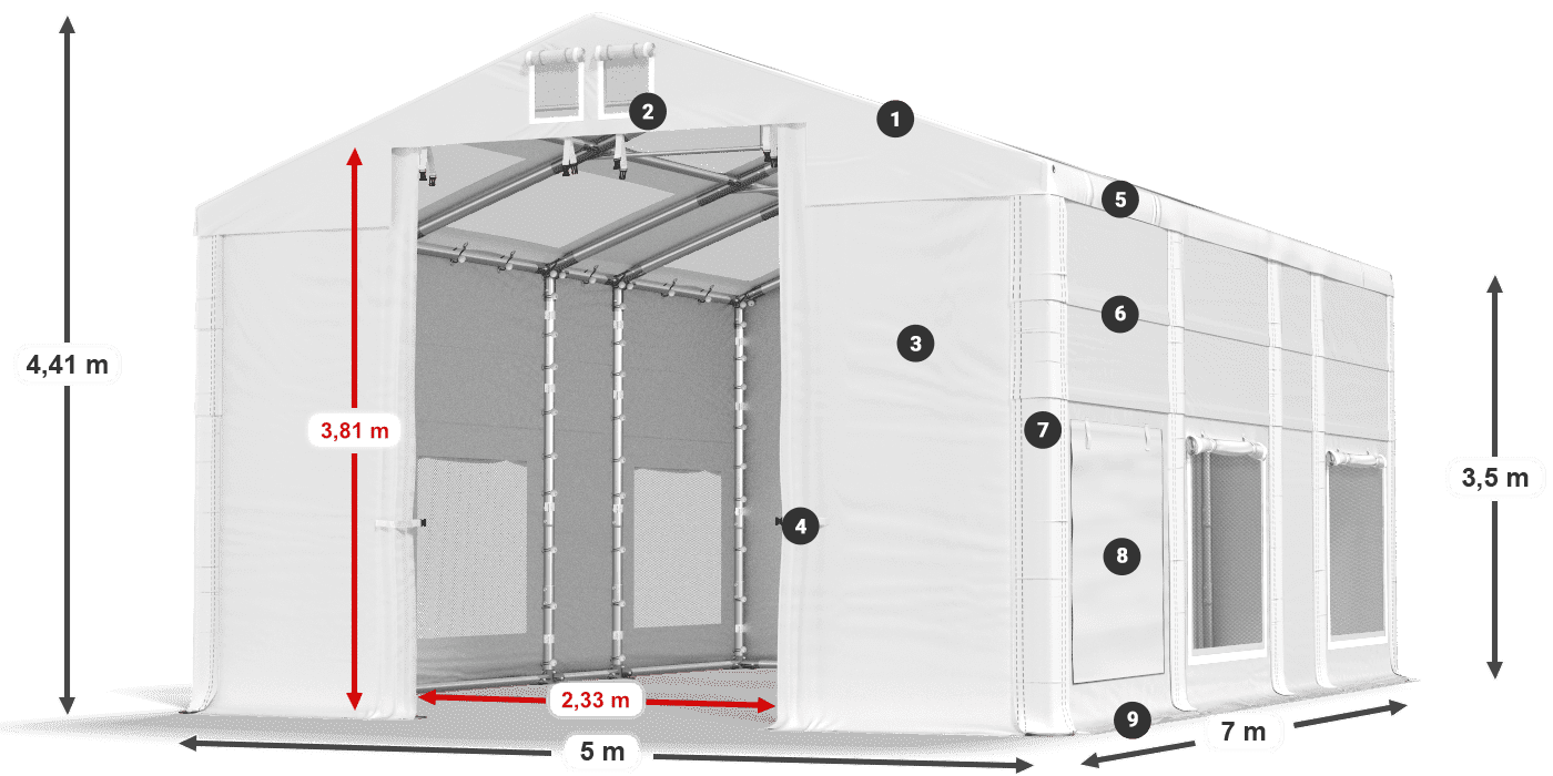 Střecha: MS T 580 PVC Stěny: SD M 500 PVC 2,5 m legenda