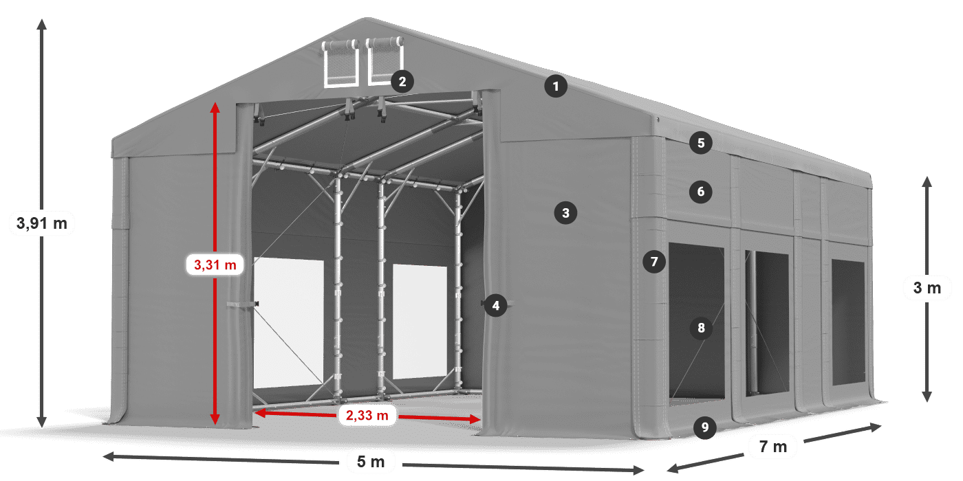 Střecha: FR 620 PVC Stěny: MS 580 PVC 3m legenda
