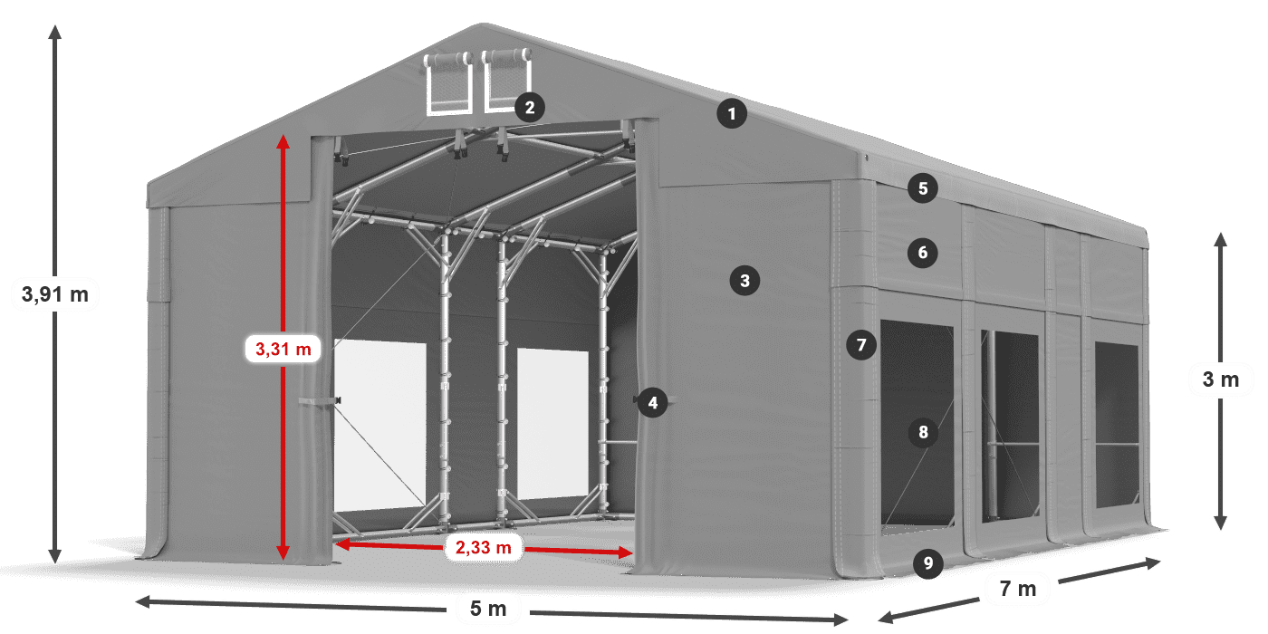 Střecha: FR 620 PVC Stěny: MS 580 PVC 3m legenda