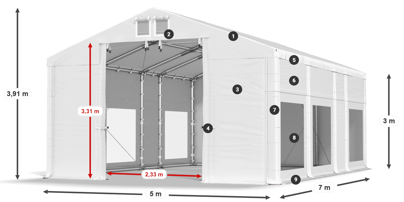 Střecha: FR 620 PVC Stěny: MS 580 PVC 3m legenda