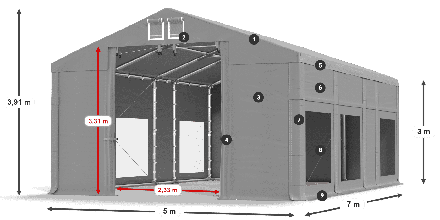 Střecha: FR 620 PVC Stěny: MS 580 PVC 3m legenda
