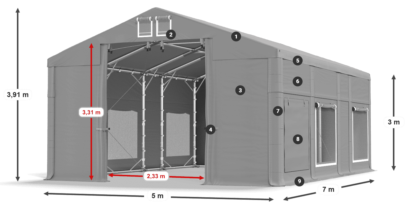 Střecha: FR 620 PVC Stěny: SD 500 PVC 3m legenda