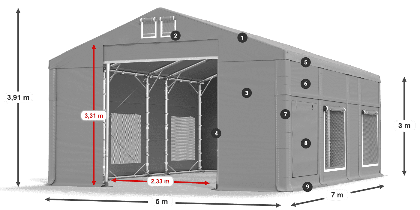 Střecha: FR 620 PVC Stěny: SD 500 PVC 3m legenda