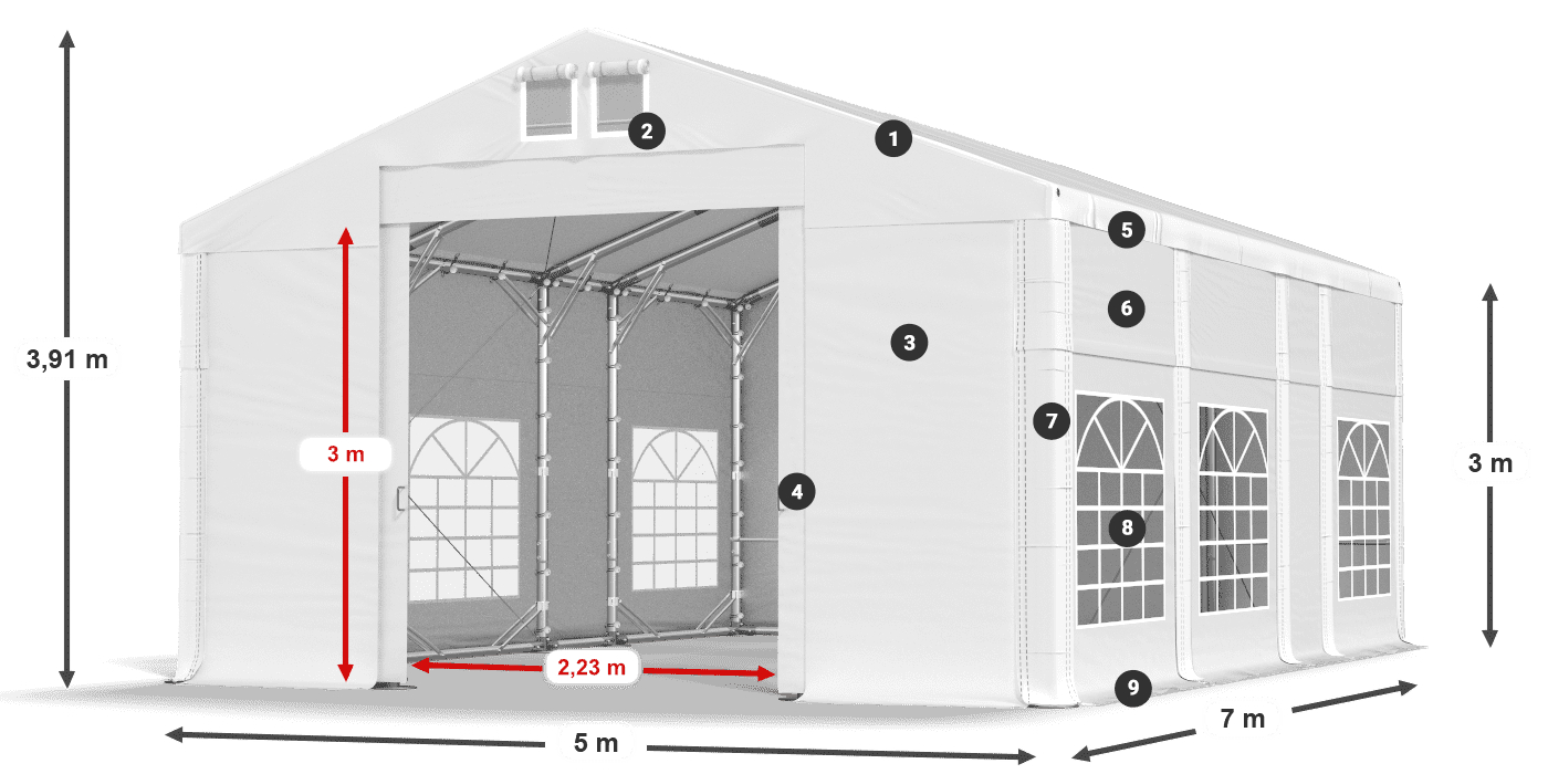 Střecha: FR 620 PVC Stěny: SD 500 PVC 3m legenda