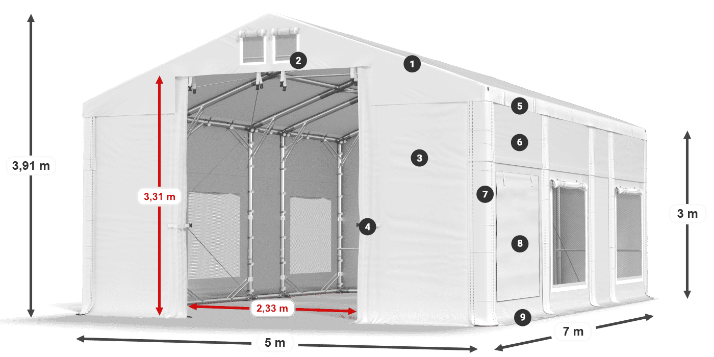 Střecha: FR 620 PVC Stěny: SD 500 PVC 3m legenda