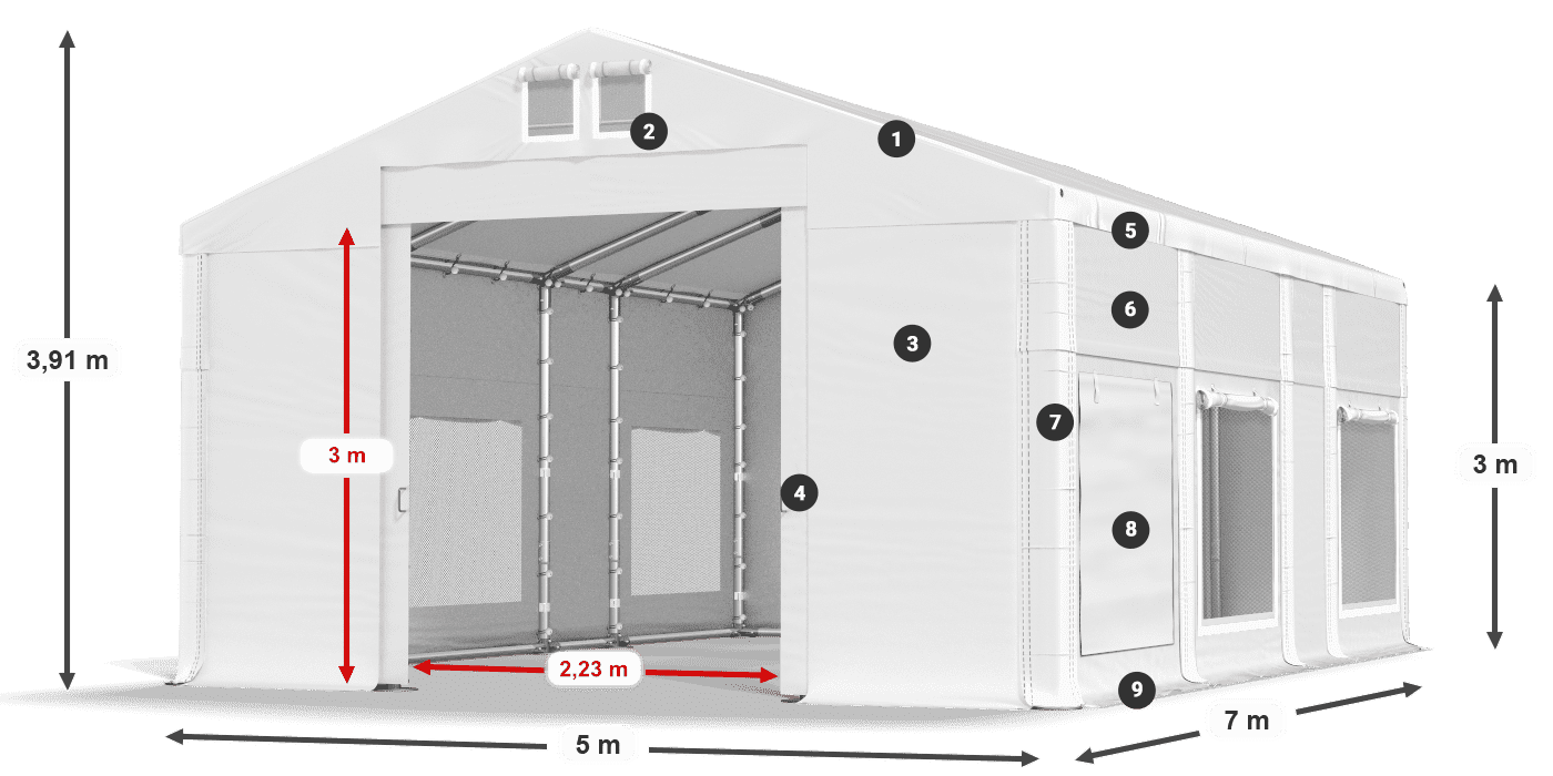 Střecha: FR 620 PVC Stěny: SD 500 PVC 3m legenda