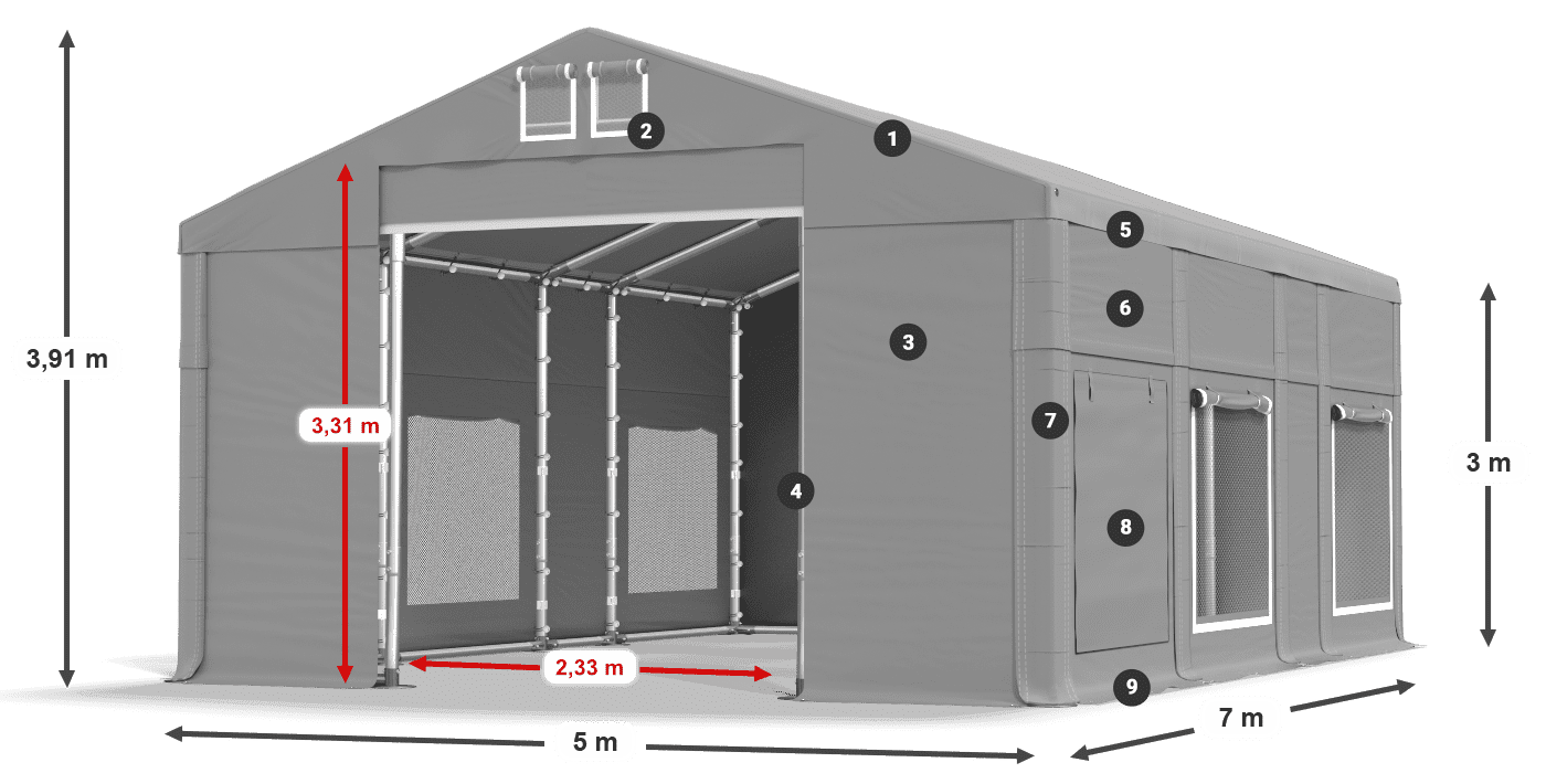 Střecha: FR 620 PVC Stěny: SD 500 PVC 3m legenda