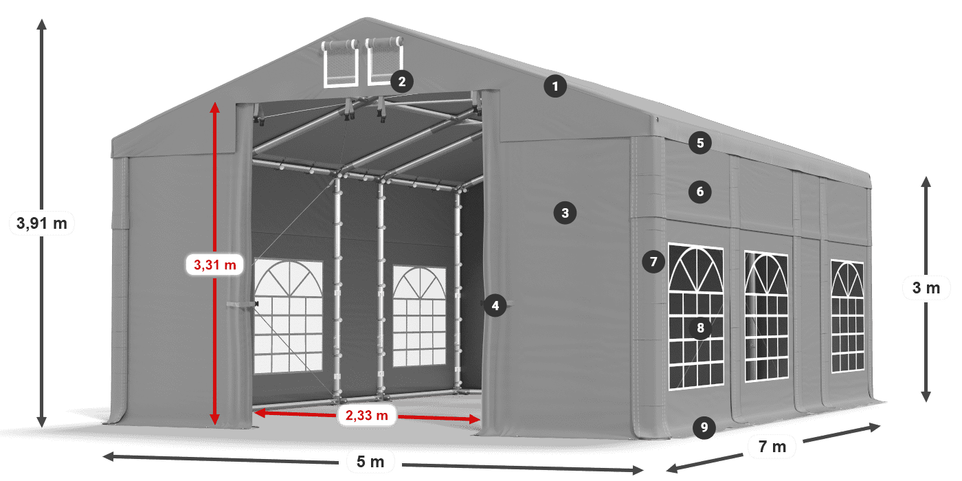 Střecha: FR 620 PVC Stěny: SD 500 PVC 3m legenda